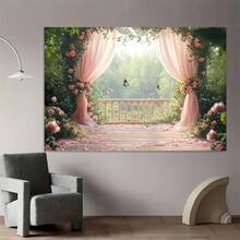 1件装2D摄影背景布，浪漫粉色玫瑰花与绿植小径，优雅婚礼洗礼生日派对拍照道具，四季皆宜的家居花园装饰，梦幻美感，优质材料，生动逼真 - 4 - 查看 4