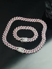 kuuioe Pink & White Dual-Tone Cuban Link Necklace & Bracelet Set: Hip-Hop Luxe Design With Embedded Dual-Tone Rhinestones. Suitable For Music Festivals, Parties, And Gift-Giving, Adding Bold And Dazzling Charm To Any Outfit. - Pink - View 21