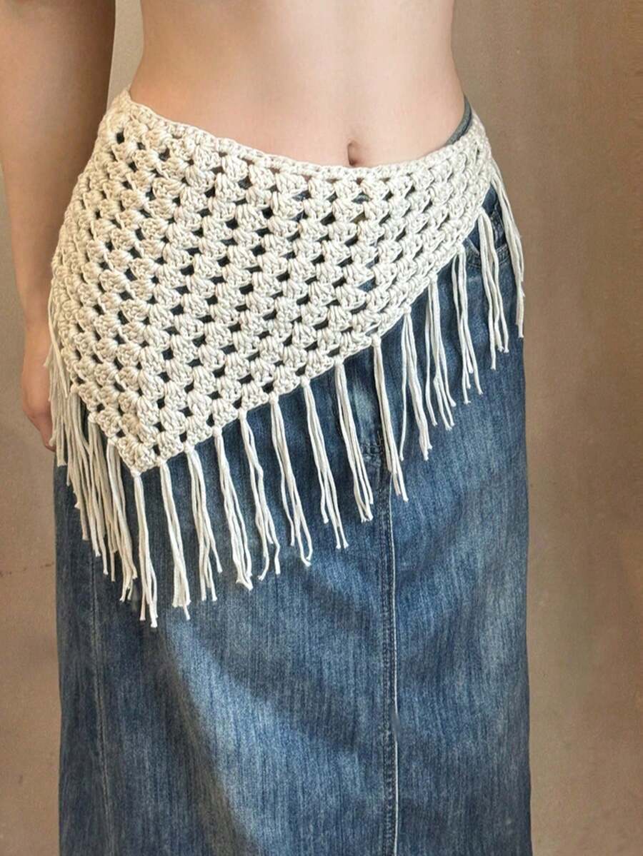 Bohemian Style Mesh Lace Belt, Suitable For Women, Versatile Accessory, Can Be Paired With Dresses, Jeans, Also Can Be Used As Waist Decoration, Suitable For Beach/Photography Occasions. Knitted Headband, Autumn/Winter Headband, Women's Holiday Costume Headpiece, Elegant Scarf, Soft Headband. - trắng - Xem 1