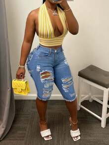 Women's Casual Washed Distressed Skinny Denim Shorts Summer - Light Wash - View 7