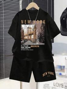 Conjunto casual diario de camiseta de manga corta con cuello redondo y estampado de letras, y pantalones cortos para niño pequeño - Negro - Ver 1