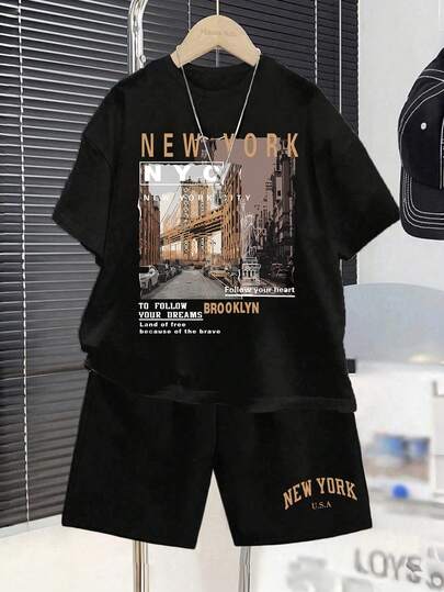 Conjunto casual diario de camiseta de manga corta con cuello redondo y estampado de letras, y pantalones cortos para niño pequeño