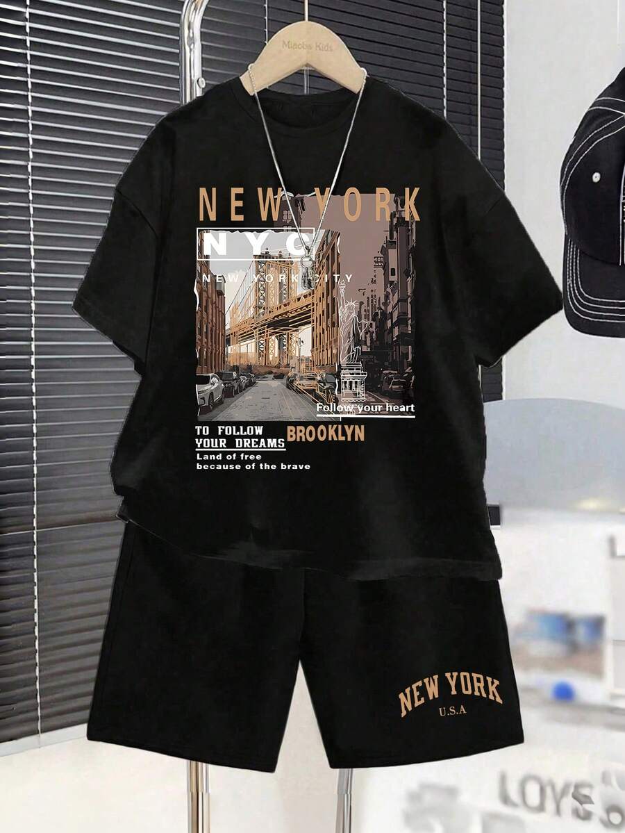 Conjunto casual diario de camiseta de manga corta con cuello redondo y estampado de letras, y pantalones cortos para niño pequeño - Negro - Ver 1