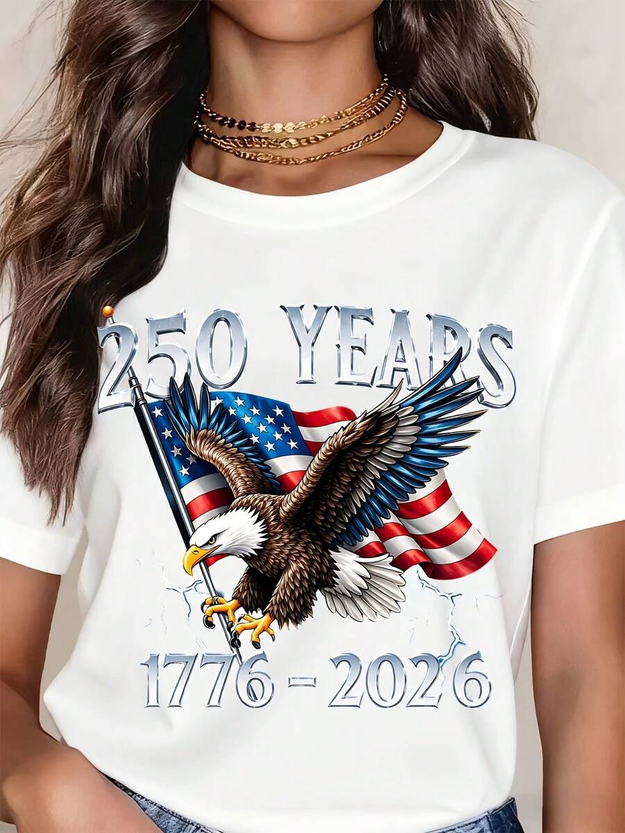 America Eagle Flag 250 Years 1776 2026 Commemorative T Shirt White Patriotic Design For Independence Day Celebration - 白色 - 查看 1