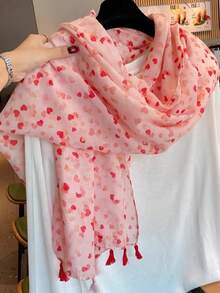 1 chiếc khăn voan họa tiết trái tim màu hồng, khăn choàng chống nắng mùa hè dành cho nữ, khăn nhẹ mùa xuân thu. - Hồng - Xem 3