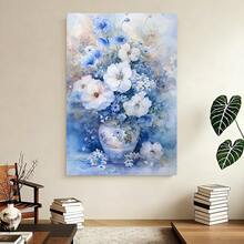Con marco Encantadora obra de arte de lienzo floral azul vintage de 11,8" x 15,7", con marco de madera, ideal para decorar tu sala de estar, dormitorio, cocina o oficina. - Enmarcado - Ver 4