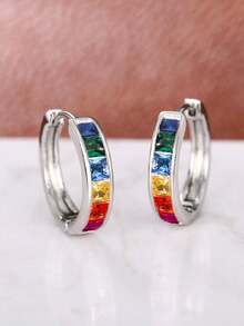 1 Pair Cubic Zirconia Hoop Earrings, Suitable For Daily Decoration, Party Jewelry Or Birthday Gift For Teenagers - Silver - View 2