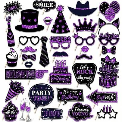 36pcs Black & Silver Birthday Photo Booth Props, Black & Gold Birthday Party Decorations For Men & Women