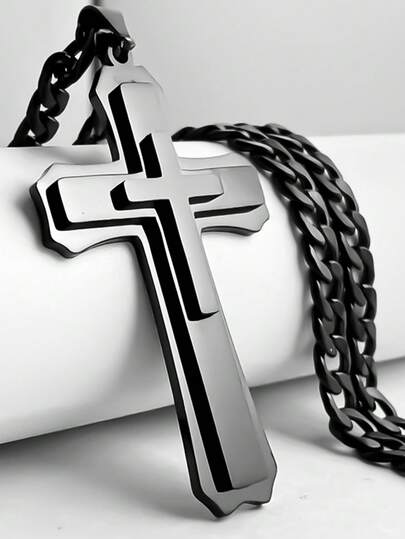 Collar con colgante de cruz cristiana grande para hombre y mujer, de acero inoxidable en color plateado, negro y dorado, con cadena de eslabones