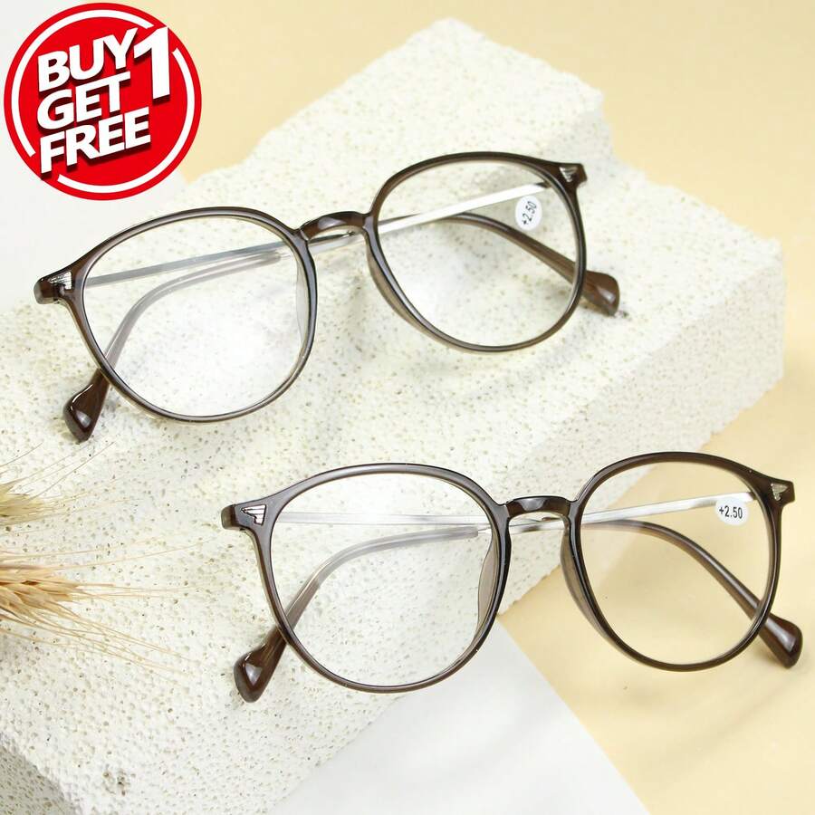 2pcs Retro Round Frame Reading Glasses, High-Definition Lens, Minimalist Versatile Design For Elegant People - Brown + Brown - View 1