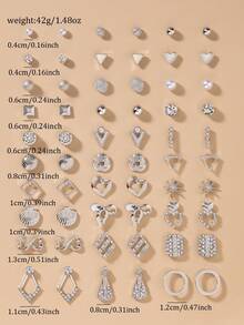 30 Pairs/Set Minimalist Floral, Bow, Geometric Pattern Earrings, Elegant Daily Wear, Party Jewelry Gift Set For Women - Silver - View 6