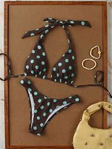 Bộ bikini nữ mới, họa tiết chấm bi, kiểu dáng buộc dây cổ, gợi cảm, thanh lịch, thích hợp cho đi biển, nghỉ dưỡng, hẹn hò, mùa xuân/hè. - Màu xanh lam - Xem 3