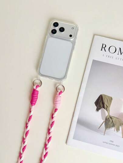 Funda de teléfono con cordón estilo INS de bloqueo de color tejido, funda protectora transparente a prueba de caídas de cobertura completa, correa cruzada