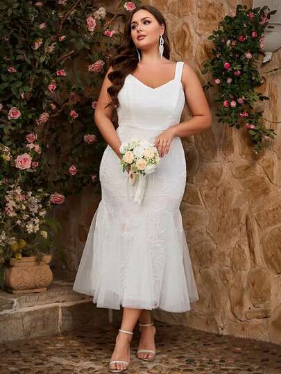 Vestido de novia de talla grande para mujer, de unicolor elegante con cremallera, volantes de malla, parches de malla, para fiesta de despedida de soltera, compromiso, brunch, luna de miel, recepción, ensayo, fiesta de boda, cóctel formal, graduación, baile de promoción, primavera, verano, otoño