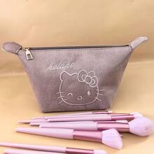 SANRIO 新款麂皮刺绣猫耳化妆包，可爱便携大容量化妆包，粉色和棕色 - 查看 13