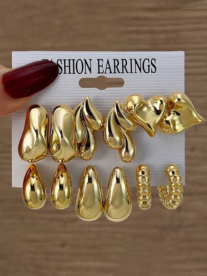 12pcs Metal Asymmetrical Geometric Water Drop Earrings Set, Luxury Minimalist Unique Design Earrings Suitable For Daily Wear, 2026 Popular Selling Item