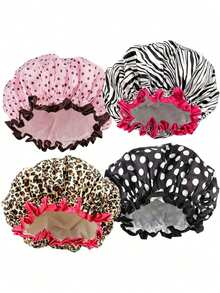 1pc Shower Cap For Women, Elastic And Reusable, Hair Bath Caps, Double Waterproof Layers Bathing Hat - Multicolor - View 1