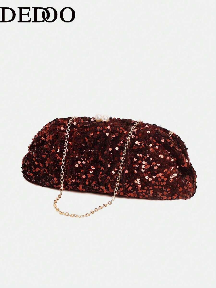 Dedoo Metal Chain Sequined Handbag, Women's Clutch/Crossbody Bag, Multi-Functional Commuter, Date, Party, Evening Bag, Casual Shoulder/Crossbody Bag, Suitable For Evening Cocktail Parties And Daily Commutes. - Red - View 1