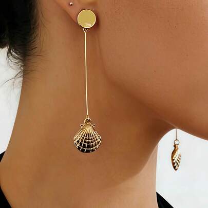 1 Pair Vacation Style Ocean Personalized High-End Plated Gold Smooth Round Disc 3D Scallop Shell Women Long Earrings, Beach Party Holiday Commute Face-Slimming Elegant Jewelry