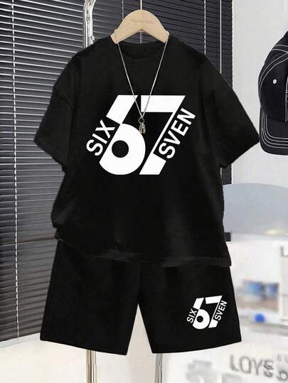 男童字母数字印花圆领短袖T恤和短裤休闲日常穿搭