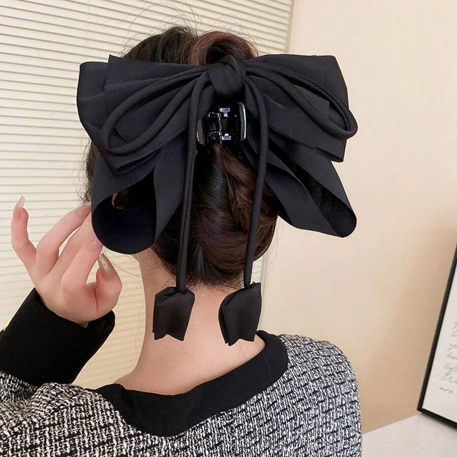 1pc Fabric Bowknot Flower Tassel Hair Claw Clip - Black - View 1