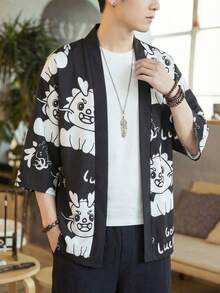 Cartoon Loose Fit Sunscreen Jacket, Men's Casual Kimono Style Cardigan - Black - View 1