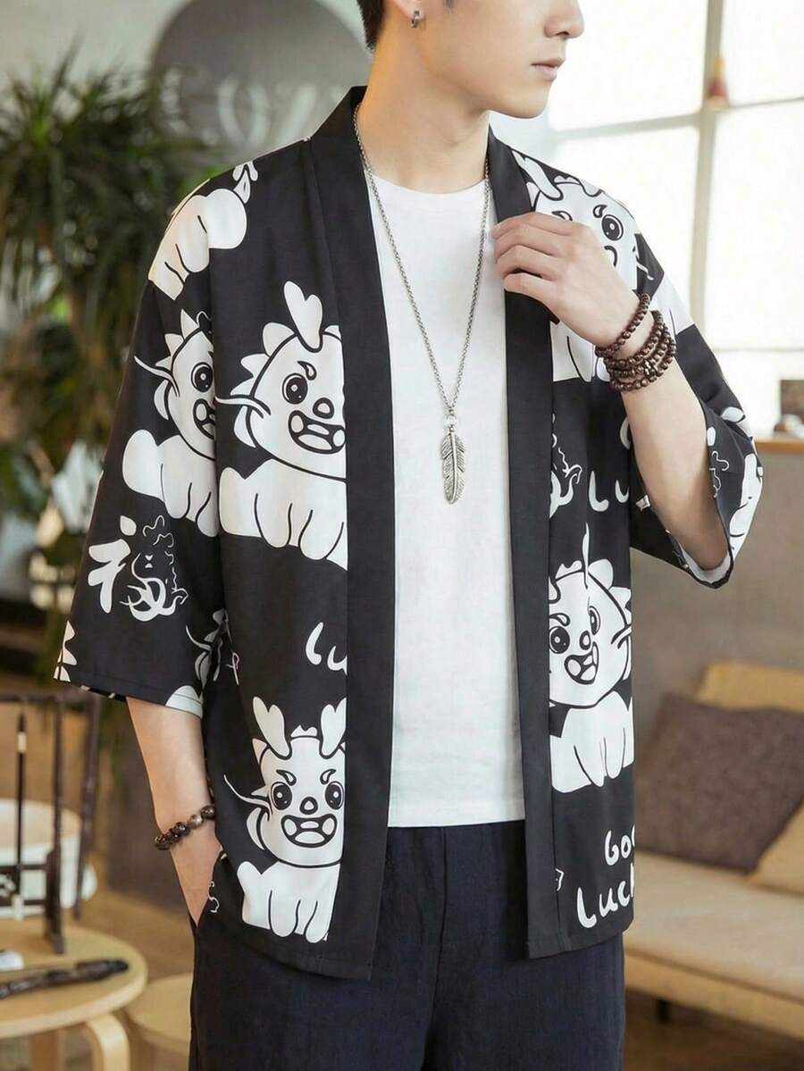 Cartoon Loose Fit Sunscreen Jacket, Men's Casual Kimono Style Cardigan - Black - View 1