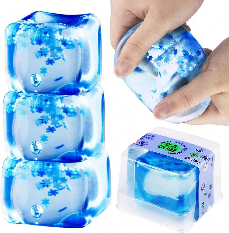 Ice Cube Fidget Toy For All Ages: 3 Pack Sensory Squishy Fidget Toys, Square Stress Balls, Classroom Prizes, Anxiety Relief Stress Cube Gift For Kids Teens Adults. - 藍色-3PCS - 查看 1