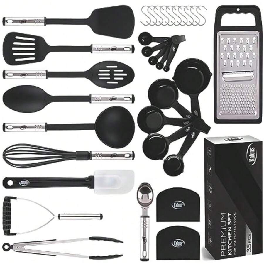Kitchen Utensils Set 35 PCS Cooking Utensils Set Nonstick and Heat Resistant Nylon Stainless Steel Silicone Spatula Set - Kitchen Gadgets Home Essentials Kitchen Accessories Apartment Must Haves - Negro - Ver 1
