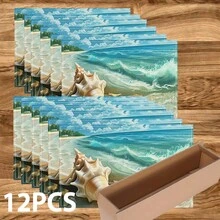 4/6/8 Piezas Set, Manteles individuales con Patrón Oceánico, Decoración de Fiesta, Manteles de Mesa de Comedor (Lino), Posavasos Lavables Impresos, Protectores de Superficie, Decoración Ideal para Reuniones Festivas en la Cocina y el Hogar - Multicolor - Ver 14