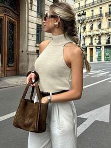 Women's Solid Color Casual Neck Hanging Soft Knit Vest Summer - Yellow-camel - View 3