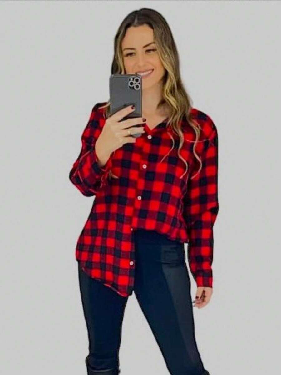 Camisa Femenina Xadrez  Estilo Tumblr – Moda Inverno | Estilosa e Confortável - Vermelho - Visão 1