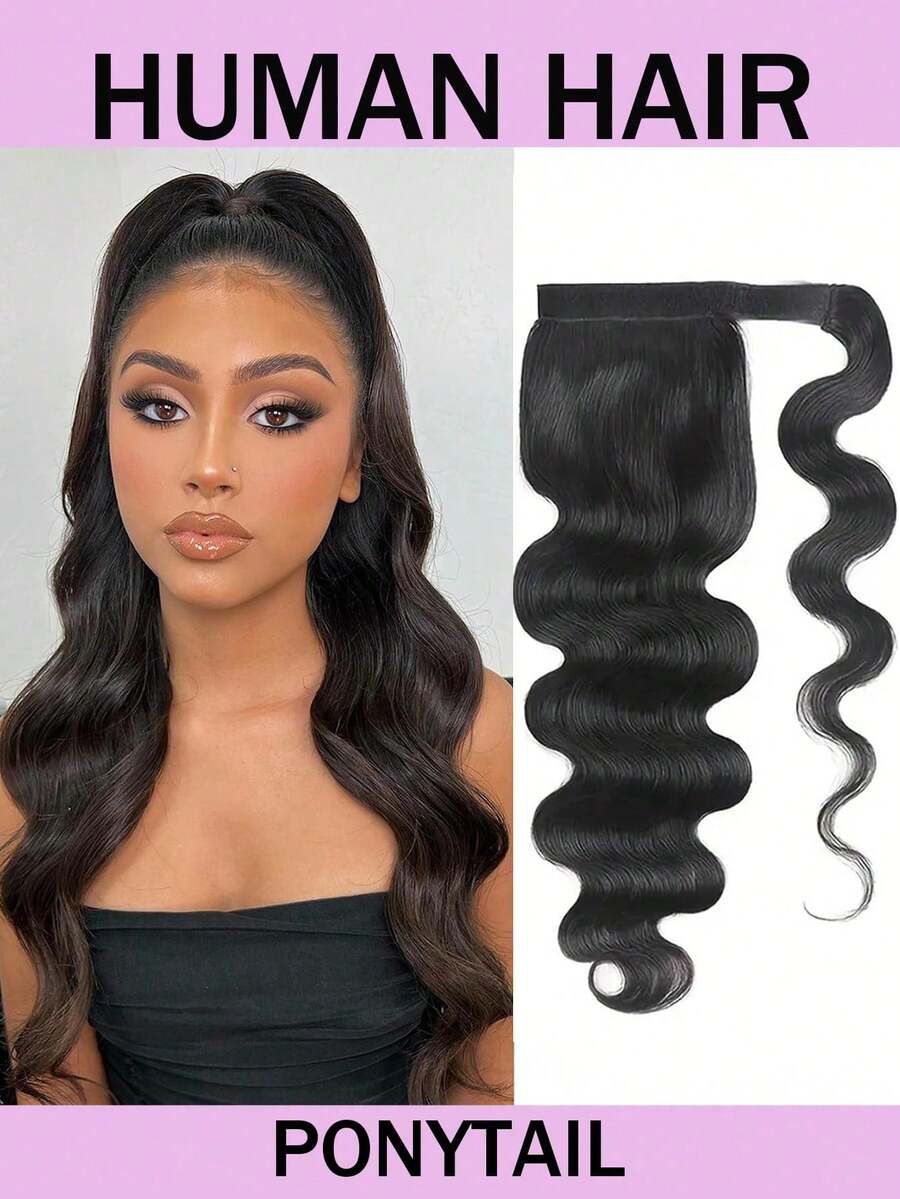 Extensión de cabello humano con cola de caballo con ondas corporales, extensiones de cabello con cola de caballo para mujeres, suave y suave, envoltura alrededor de la cola de caballo larga, color negro natural - Natural Black - Ver 1