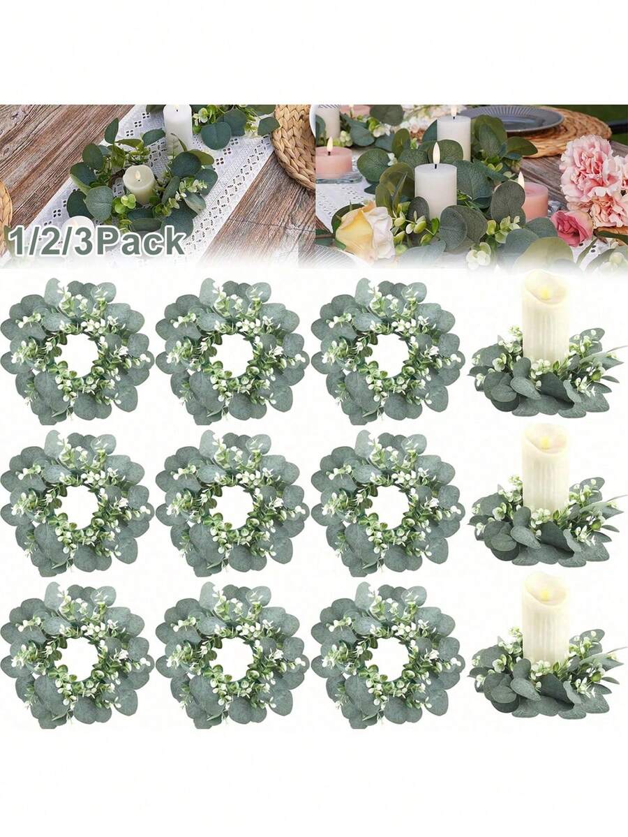 Conjunto de 2/4 anéis de vela artificiais em formato de folha de eucalipto, 25 cm (9,8 polegadas), arranjo de mesa para casamento, coroa de vela verde, suporte para vela pilar, ideal para casamentos na primavera/verão, decoração de casa, janela, mesa, decoração de casamento, decoração de Páscoa e decoração de parede. - Multicolorido - Ver 1