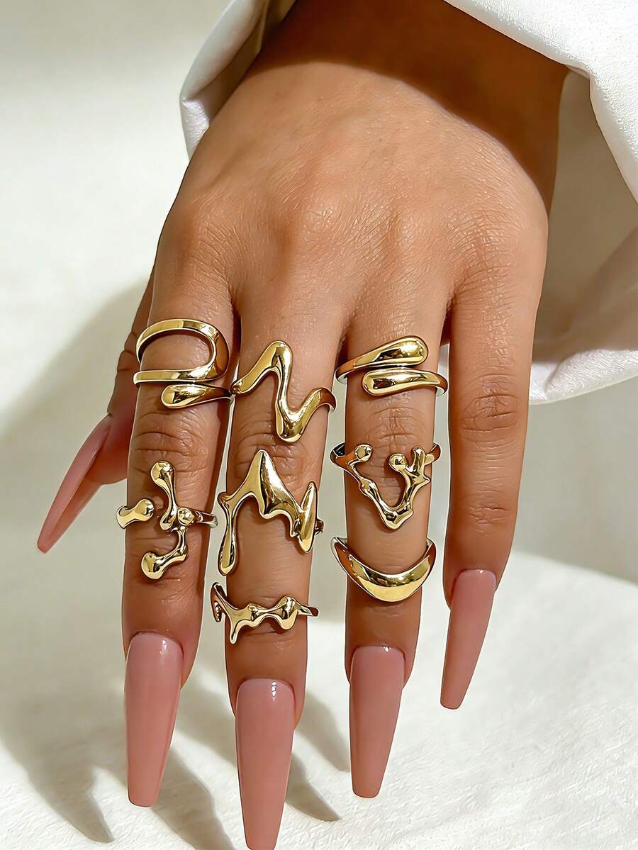 8pcs Vintage Geometric Round Open Ring Set, Asymmetrical Liquid Ring Suit, Suitable For Women's Holiday Party And Daily Wear Charm Jewelry Set - Yellow Gold - View 1