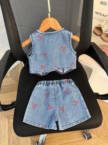 Baby Girl Sweet Casual Cute Cherry Embroidered Vest Top And Matching Cherry Embroidered Shorts 2-Piece Set, Suitable For Daily, Outdoor, School, Commute, Vacation, Street Wear - Light Wash - View 2