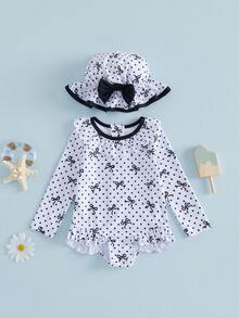 Traje de baño para niñas pequeñas, bikini de manga larga con estampado de puntos y lazo, con gorro, ropa de baño para el verano - Blanco - Ver 1