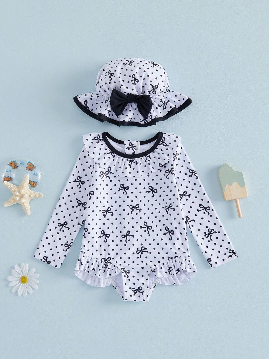Traje de baño para niñas pequeñas, bikini de manga larga con estampado de puntos y lazo, con gorro, ropa de baño para el verano - Blanco - Ver 1