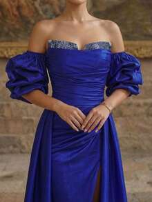 女士优雅弹力正式连衣裙，露肩泡泡袖，垂褶设计，大腿开衩配拉链细节 - 寶藍色 - 查看 7