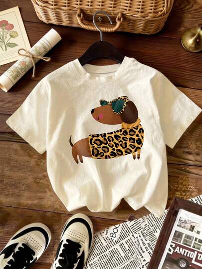 Plus Size Short Sleeve Round Neck T-Shirt With Chic Dachshund Leopard Print For Women, High Stretch Fabric, Regular Fit Top For Casual Wear In Fall