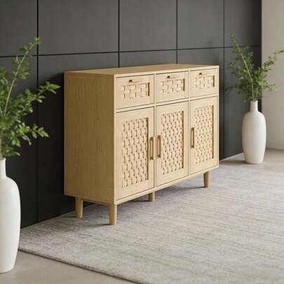  Aparador de cocina ZSSWSS con 3 cajones y 3 puertas, fabricado en ratán, con tejido natural, estilo rústico vintage, 108 x 40 x 80 cm, ideal para salón y cocina, acabado natural.