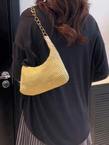 Straw Woven Chain Shoulder Tote For Women, Roomy Beach Vacation Bag, Summer Holiday Essential - Màu be - Xem 7