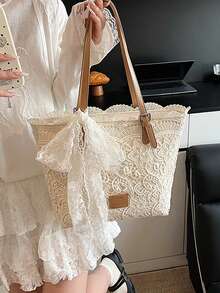 2026新款蕾丝蝴蝶结托特包，女士大容量手提包，单肩包，简约通勤包 - 白色 - 查看 5