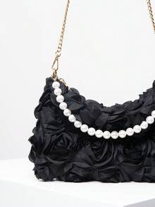 Crossbody Bag, Floral Print, Pearl Decor, Chain Strap, Women's Handbag, Gala Night, Party Outfits, Prom Bag, Prom Accessories, Wedding Items, Elegant Women's Wallet, Gifts For Women (Pattern Random) - Black - View 5