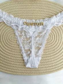 Personalized Custom Name Lace Thong G-String, Bold And Sexy Low Waist See Through Underwear With Boyfriend Or Husband's Name, G-String, Tanga, DIY Sparkling Crystal English Letter Name Underwear, Couple Gift, Bachelor Party Gift, Wedding Custom Gift, Ideal Gift For Lover, Wife, Girlfriend, Friend's Birthday/Valentine's Day/Anniversary/Holiday/Honeymoon/Vacation/Bedroom - trắng - Xem 2