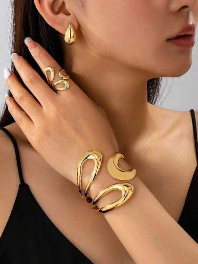 4pcs/Set Fashionable Metallic Geometric Hollow Water Drop Shaped Ring, Bracelet, Earring Jewelry Set For Women