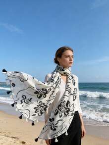 1件新款轻薄中国风水墨花卉印花流苏围巾/披肩 - 彩色 - 查看 8