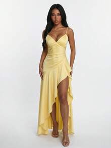 Đầm cocktail ôm sát gợi cảm dành cho nữ, dây mảnh, viền bèo nhún, xẻ cao, thích hợp cho tiệc tùng, hộp đêm, hẹn hò, đầm hè cho nữ. - Vàng nhạt - Xem 6