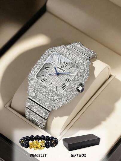 GUANQIN Luxury Diamond Watch Set, Fashionable & Elegant Quartz Watch Suitable For Men & Women, Comes With Gemstone Bracelet, Square Dial, Diamond-Encrusted Roman Numeral Watch, Suitable For Easter, Halloween, Christmas, Father's Day, Birthday, Back To School, Students, Festivals, Valentine's Day, Dates, Business, Daily Wear, Gifts, Music Festivals, Wedding Season
