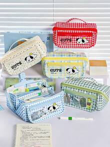 1pc Cute Large Capacity Plaid Check Dog Pencil Case, Cartoon Multifunctional Stain Resistant Stationery Bag, Flip-Top Magnetic Buckle Stationery Pouch Clear Transparent Front Pocket For Primary School Students - Multicolor - View 2
